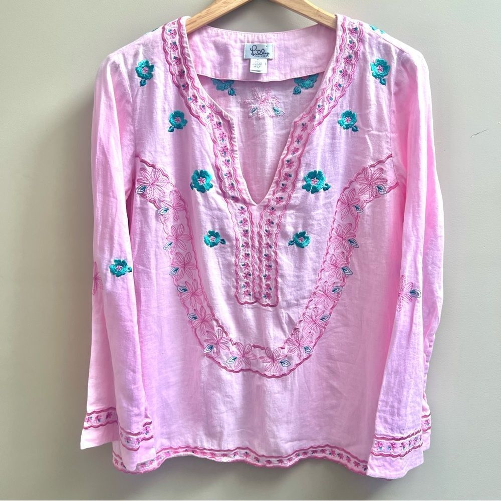 Lilly Pulitzer Pink Embroidered Cotton Peasant Blouse with Teal Floral Accents